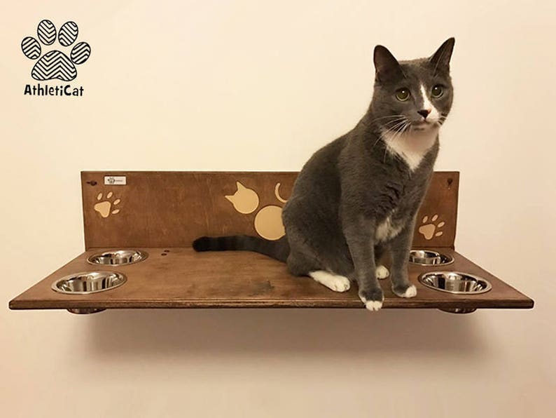 Cat shelf with 4 bowls and carved name/picture Cat furniture Etsy