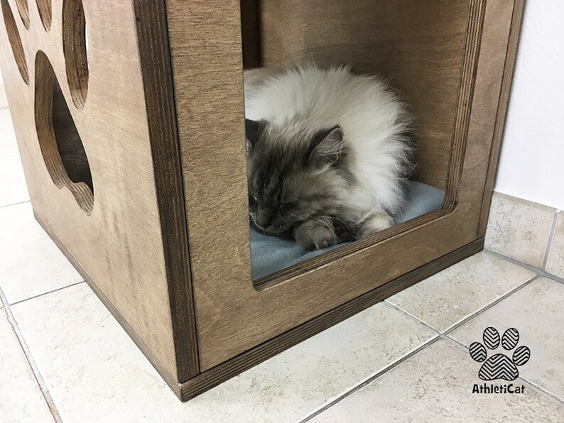 Cat cube with carved paw in wood Cat furniture AthletiCat Etsy