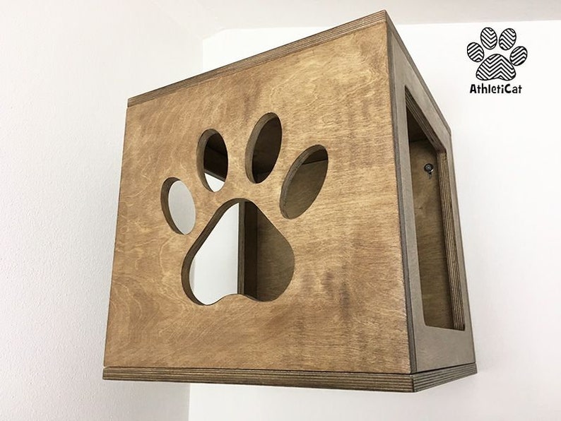 Cat cube with carved paw in wood Cat furniture AthletiCat Etsy
