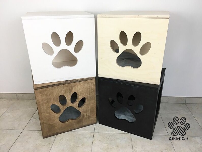 Cat cube with carved paw in wood Cat furniture AthletiCat Etsy