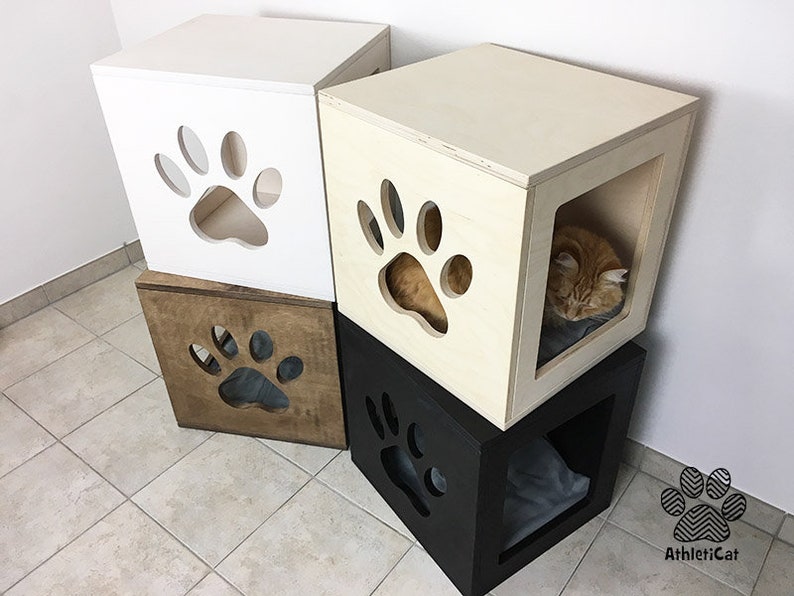Cat cube with carved paw in wood Cat furniture AthletiCat Etsy