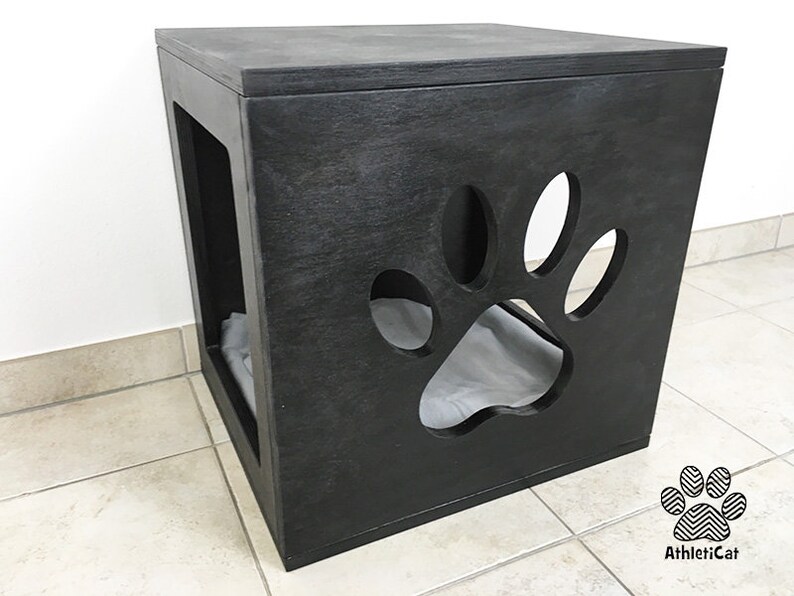 Cat cube with carved paw in wood Cat furniture AthletiCat Etsy