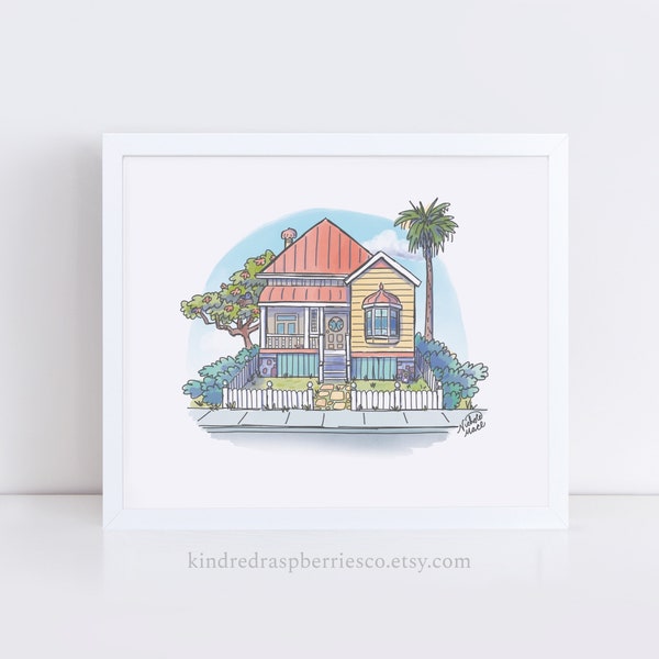 Blue Brisbane House, Blue Cartoon Australian Dog House, Dog House Illustration, Heeler Family home illustration, Blue Home illustration