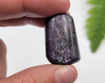 Puede incluir: Una piedra preciosa pulida, de color púrpura oscuro, con una parte superior redondeada y una forma ligeramente cónica. La piedra tiene un aspecto moteado con áreas más claras y moteadas. La piedra preciosa se sostiene entre dos dedos sobre un fondo blanco.