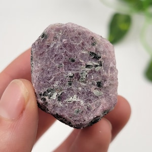 May include: A rough, pink and purple ruby crystal with black inclusions. The crystal is irregularly shaped and has a natural, unpolished finish.