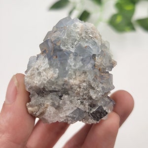 May include: A cluster of blue fluorite crystals with a rough, natural texture. The crystals are a light blue color and have a slightly iridescent sheen.