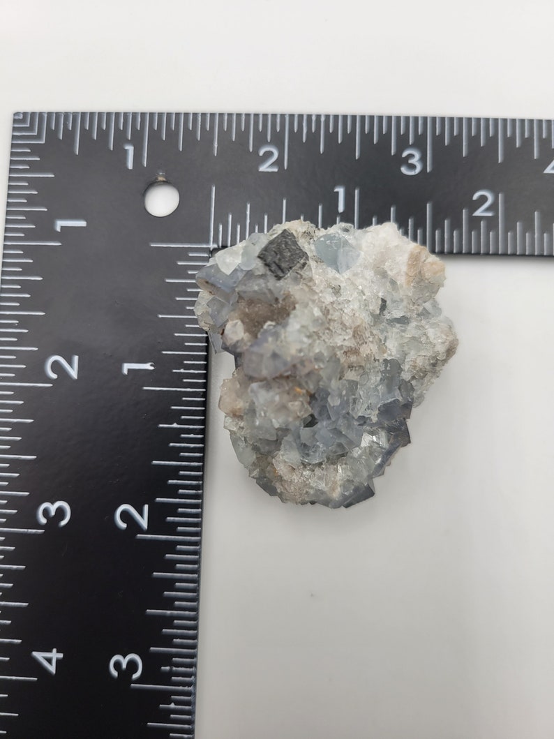 May include: A cluster of blue fluorite crystals with some black inclusions. The crystals are about 1 inch in diameter and are arranged in a cluster. The fluorite is a light blue color and has a glassy luster.