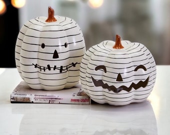 Light Up Pumpkins, Black and White Pumpkin Decor, BW Modern Halloween Decor, Minimalist Halloween Home Decor, LED Pumpkin, Hand Painted Fall