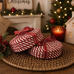 Red and White Christmas Coasters, Braided Rope Placemat Mini, Unique Holiday Kitchen Gifts & Decor, Candy Cane Theme, Fabric Coaster Set