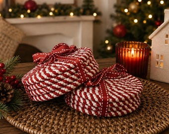 Red and White Christmas Coasters, Braided Rope Placemat Mini, Unique Holiday Kitchen Gifts & Decor, Candy Cane Theme, Fabric Coaster Set