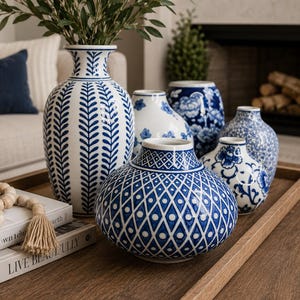 Vasi in porcellana per fiori, set di vasi blu dipinti a mano, decorazioni con vasi blu e bianchi, vasi in salice blu, vasi in stile chinoiserie di grandi dimensioni