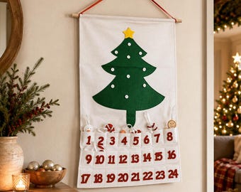 Adventskalender aus Filz-Weihnachtsbaum | Handgefertigt aus Filz, Weihnachtsdeko, großer Adventskalender für Kinder, aufhängbarer und wiederverwendbarer Adventskalender für Kinder