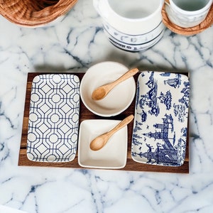 Chinoiserie Appetizer Bowls and Plates, Hand Painted Blue and White Porcelain Dinnerware, Tapas Serving Set, 7pc Chinoiserie Serving Platter