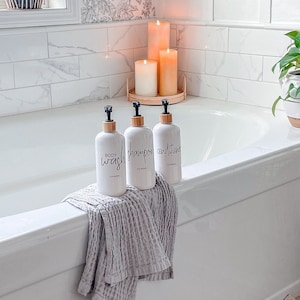 Shower Bottle Set, Shampoo, Conditioner, Body Wash, Lotion refill Bottle Set, White 16oz Plastic Soap Bottle Dispensers, Black Bamboo Pumps