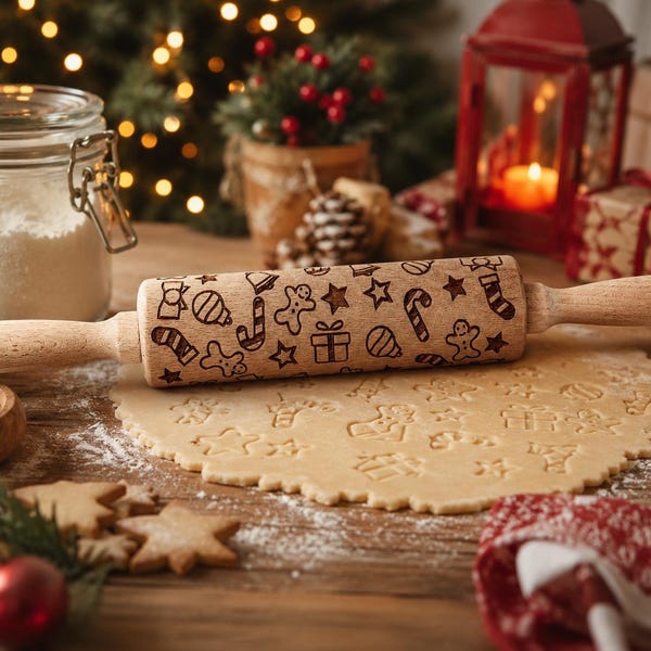 Rouleau à pâtisserie de Noël gravé, rouleau à pâtisserie en relief, Coffret cadeau de Noël à l'emporte-pièce, Cadeaux pâtisseries des Fêtes, Idées cadeaux boulanger