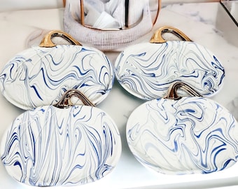 Halloween Plates Set Ceramic, Pumpkin Plate Set Hand Painted, Blue and White Pumpkin with Gold Stem, Blue Halloween Tablescape Decorations