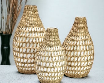 Seagrass Decor Vases, Woven Bamboo Vases, Boo Home Decorative Accents, Neutral Tabletop Centerpieces, Seagrass + Bamboo Sea Grass Decoration