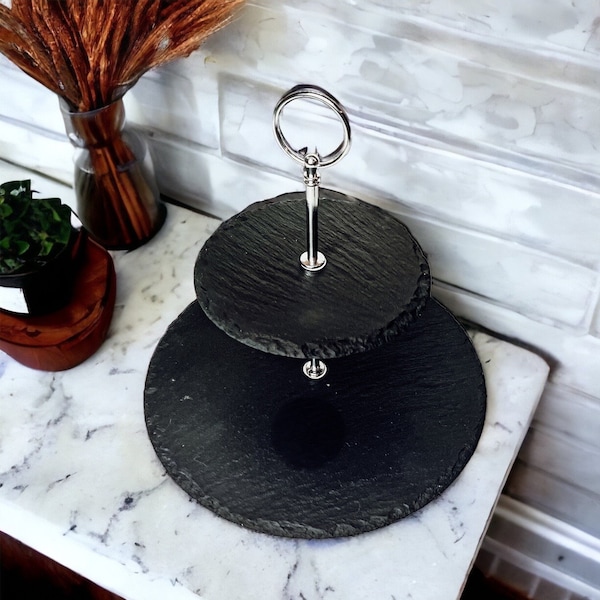 Tiered Serving Tray Stand for Kitchen, Natural Slate Rounds for Food Serving, Appetizer Platter Tier Tray with Handle, Slate Cupcake Stand