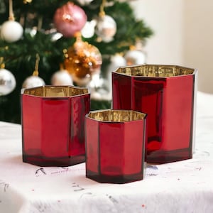 Red and Gold Centerpiece Vases, Nesting Pot Containers, Glass Vase or Candle Holder, Christmas Tabletop Luxury Gold Plated Decorations