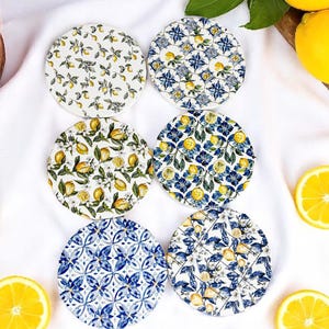 Mediterranean Lemon Tile Coasters | Blue Lemon Ceramic Set | Cork Back | Coastal Kitchen Decor | Hostess Gift | Blue Lemon Coasters Set