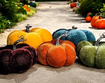 Fluwelen pompoenen handgemaakt, luxe halloweendecor, pluche pompoenen, katoenen pompoen pompoen met echte stengel, herfsttafeldecoraties