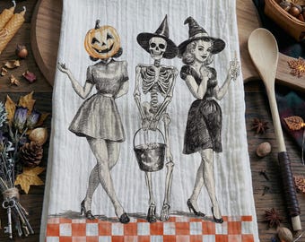 Toalla de cocina vintage de Halloween: cabeza de calabaza, esqueleto, chicas pin-up, decoración de brujas, cuadros naranjas retro geniales, regalos vintage de Ghoul Squad
