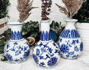 Chinoiserie Vase Set of 3, Hand Painted Blue and White Vases, Artisan Made, Blue Willow China Vases, Blue Handmade Canton Vase Tabletop Set