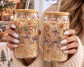 MERRY Glitter Bows Christmas Glass Can, Sequin Bow Christmas Glass Tumblers, Confetti Christmas Glass. Sequin Bow Confetti Tumbler with Lid