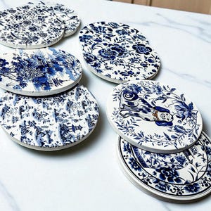 Chinoiserie Coasters, Blue and White Ceramic Blue Willow Coaster Sets, Chinoiserie Kitchen and Barware Gift Ideas | Floral Chinoiserie