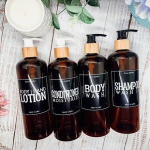Amber Soap Dispenser Sets For the Shower, 16oz Plastic Amber Bottles With Bamboo Pumps or Black, Black Label Shampoo & Conditioner Sets