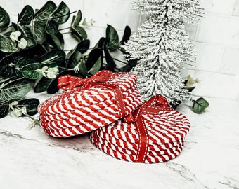 Christmas Coasters, Red Candy Cane Braided Coasters Fabric, Handmade Cotton Coasters with Candy Stripe Pattern for Holiday Party Accents