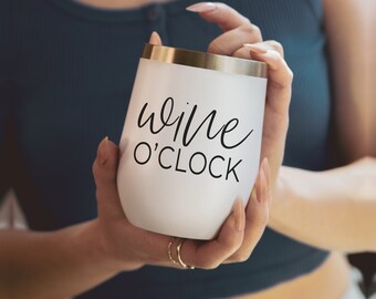 Szklanka do wina O'Clock, Szklanki do wina z zabawnymi napisami i pokrywką, Izolowany kubek do wina, Zabawny kubek do wina, Szklanka do wina dla mamy, Kubki do wina dla mamy