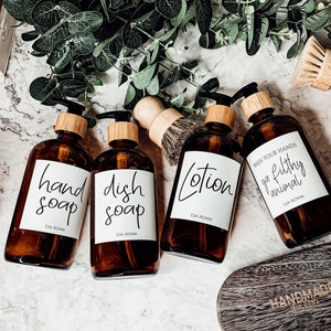 Hand Soap Dish Soap Dispenser Sets, Apothecary Soap Bottles With Pumps, Reusable Glass 16oz Dispenser Bottles with Bamboo Pumps, Kitchen