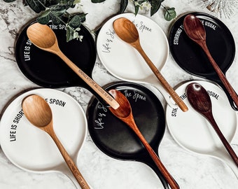 Spoon Rest Ceramic Set, Spoon Rests For Kitchen With Wooden Spoon, Spoon Rest for Stove Gift Set, Handmade Black Pan Spoon Rest Pottery Sets
