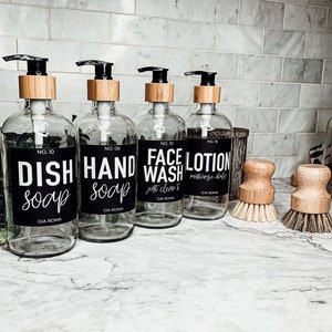 Dish & Hand Soap Dispensers, Reusable Glass Soap Dispenser for Home, Many Label + Pump Options, 16oz clear Glass Dispensers With Pumps