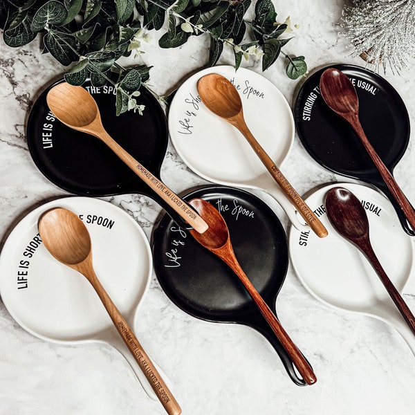 Spoon Rest Ceramic Set, Spoon Rests For Kitchen With Wooden Spoon, Spoon Rest for Stove Gift Set, Handmade Black Pan Spoon Rest Pottery Sets