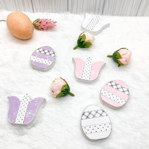 Easter Decorative Accents, 6pk, Spring and Easter Set of Home Decor Handmade Wooden Pieces, Great For Spring Tier Tray Styling, Pastel Decor