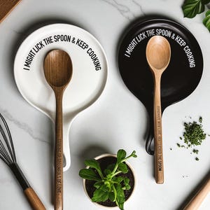 Handmade Spoon Rests With Quotes, Lick the Spoon & Stirring the Pot, Cute Unique Kitchen Gifts, Wooden Spoon, Porcelain Black Spoon Rest