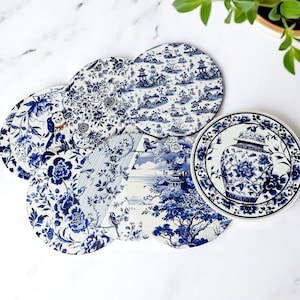 Blue Willow Coasters | Traditional Asian Garden Design | Ceramic Drink Coasters | Hamptons Style Decor Blue Floral | Chinoiserie Home Decor