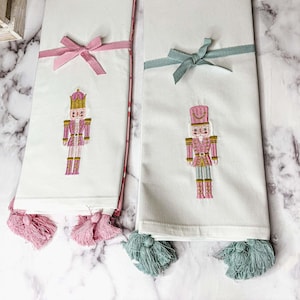 Nutcracker Soldier Tea Towel Set, Christmas Towel Embroidery Designs, Teal & Blue Nutcracker Soldier Towels, Christmas Kitchen Towel Sets
