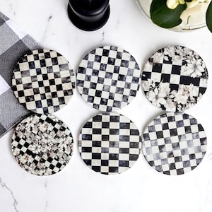 Courtly Check Coasters | Black White Ceramic Set | Black White Check Pattern | Modern Farmhouse Decor | Unique Kitchen Gift Ideas Checkered