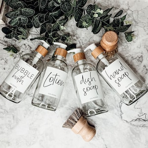 Glass Soap Dispenser Sets, Reusable Soap Bottles With Pump, Modern Reusable Soap Dispensers With Pumps White Label + Black Label and Bamboo