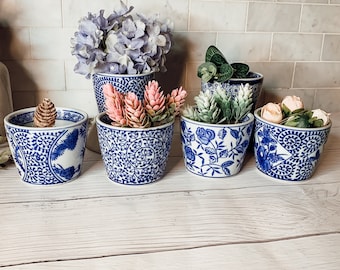 Cachepots, Chinoiserie Appetizer Bowls and Planter Pots, Hand Painted Blue and White Indoor Planters, Porcelain Cachepot Set, Mini Planters