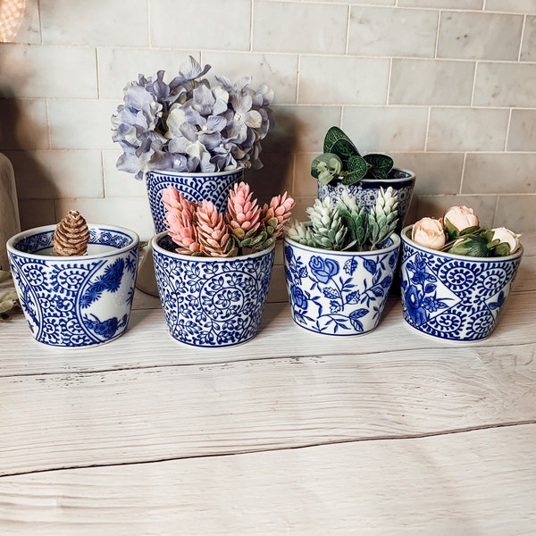 Macetas decorativas, cuencos para aperitivos y macetas de estilo chinoiserie, macetas de interior pintadas a mano en azul y blanco, juego de macetas decorativas de porcelana, mini macetas.