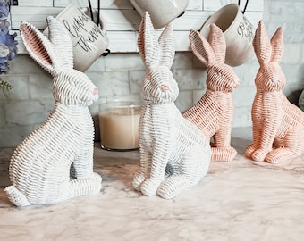 Bunny Decor for Neutral Interiors, Simplistic Easter Home Decor, Basket Weave Bunny Statues made of Resin, Minimalist Easter Decorations