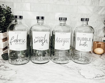 Botella dispensadora de enjuague bucal, reutilizable, de vidrio de 947 ml, etiqueta blanca, moderna, estilo rústico, rellenable.