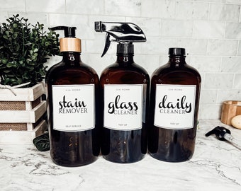 Botellas dispensadoras de jabón de repuesto de vidrio de 32 oz, dispensadores de jabón de boticario con bombas, bombas de pulverización y más, botellas de jabón reutilizables para limpiar en casa.
