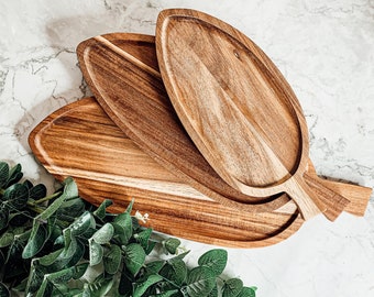 Leaf Serving Boards, Nesting Wood Cutting Boards, Wooden Serving Platters With Handles, Wood Charcuterie Platters in 3 Sizes, Wood Kitchen