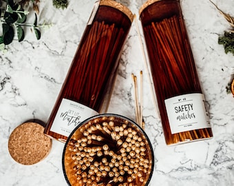 Matches in a Bottle with Striker, Oversized Matches Striker Bottle With Cork Top, Apothecary Safety Matches in Amber Jar With Strike Pad