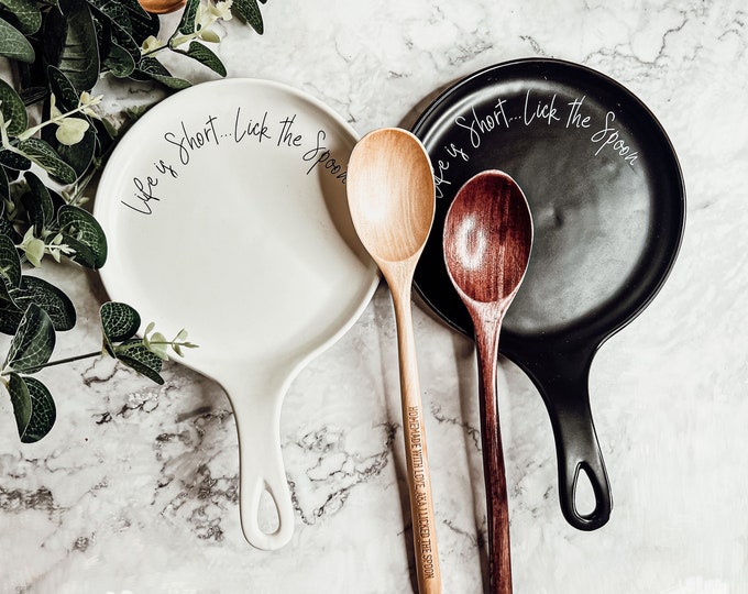 Life Is Short Lick the Spoon Kitchen Gift Set, Handmade Ceramic Spoon rests and Wooden Spoons with Funny Sayings, Unique Cooking Gift idea